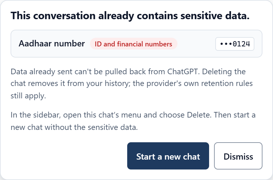 A notice saying this conversation already contains sensitive data, with steps to delete it
