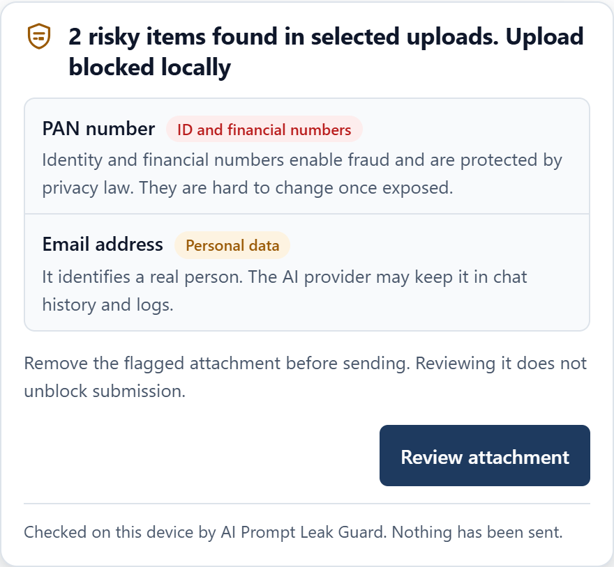 A notice saying an upload was blocked because the file contains a PAN number and an email address