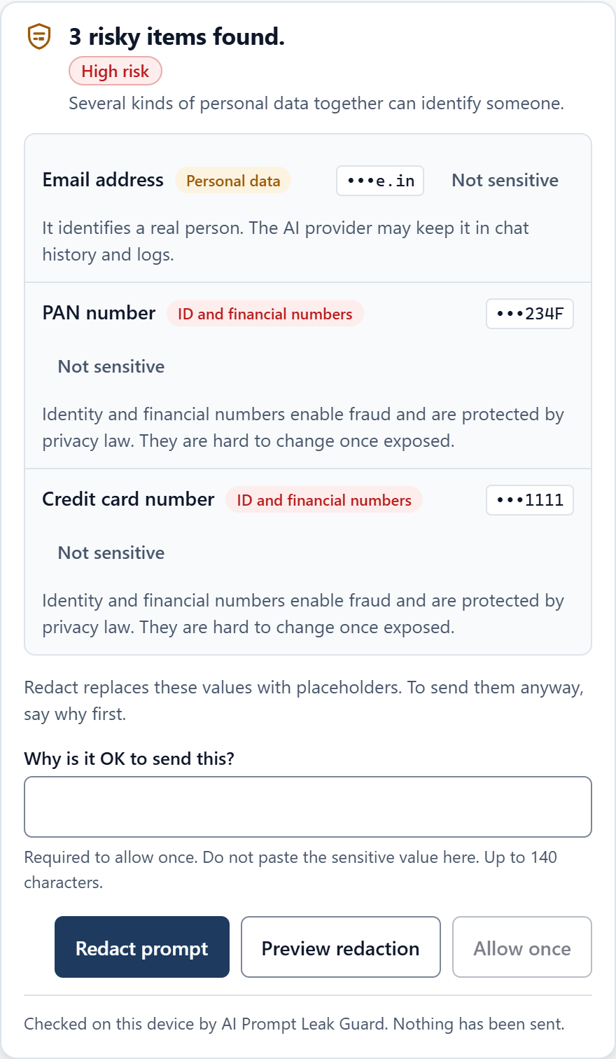 The warning listing a PAN number, an email address and a card number, with buttons to remove them